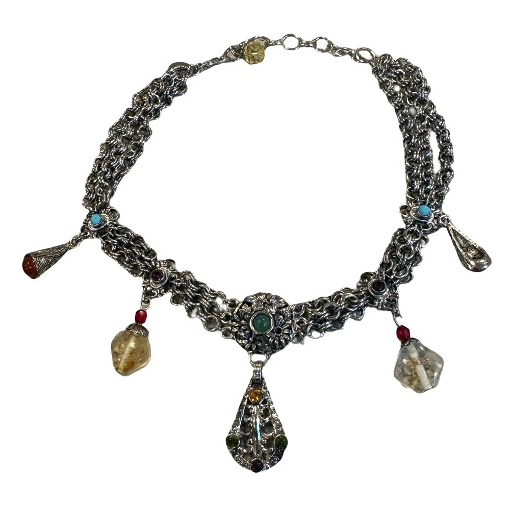 Robert Rose Bohemian Silver Tone Multi Strand Necklace Mixed Stones Pendants
